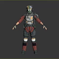 Futuristic Armored Character With Green Gold Helmet And Red Gray Body Armor