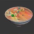 Fresh Colorful Salad in White Bowl with Blue Stripes on Black Background