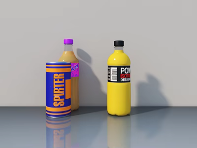 Brown Wine Bottle With Pink Label And Colorful Soda Cans On Gray Table Top 3d model