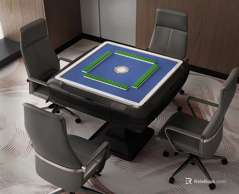 Entertainment Table with Green Mahjong Tiles Surrounded by Gray Chairs in Modern Indoor Setting 3d model 