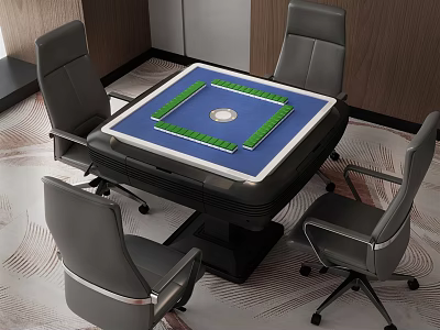 Entertainment Table with Green Mahjong Tiles Surrounded by Gray Chairs in Modern Indoor Setting 3d model