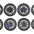 Stylish Automotive Tire Designs With Various Alloy Wheel Rims And Blue Red Brake Calipers