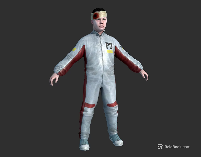 Man in white jumpsuit with PZ logo red stripes on sleeves and legs and goggles 3d model 