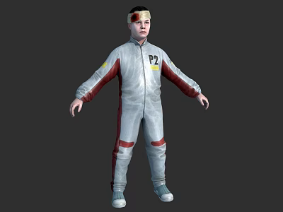 Man in white jumpsuit with PZ logo red stripes on sleeves and legs and goggles 3d model