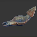 Ancient Carved Oil Lamp In Red Brown With Blue Accents And Decorative Handle
