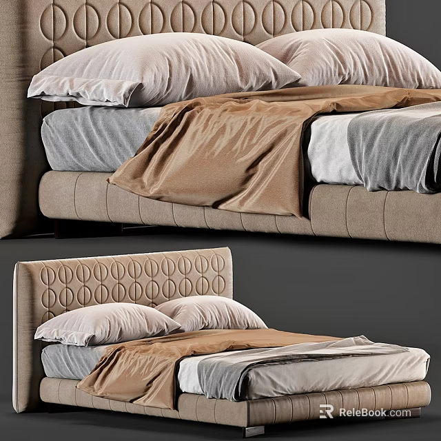 Double Bed With Patterned Headboard And Brown Gray Beige Bedding In Modern Bedroom Interior 3d model 