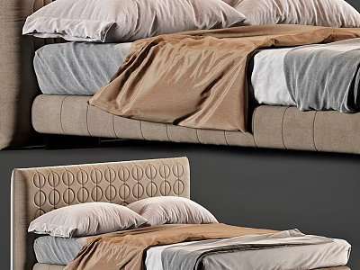 Double Bed With Patterned Headboard And Brown Gray Beige Bedding In Modern Bedroom Interior 3d model