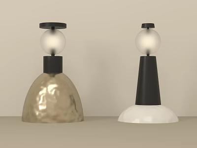 Two Modern Decorative Lamps With Gold Hammered And White Cone Bases And Black Tops 3d model