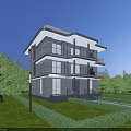 Modern Three Story Detached Villa with Large Glass Windows Lush Greenery and Evening View