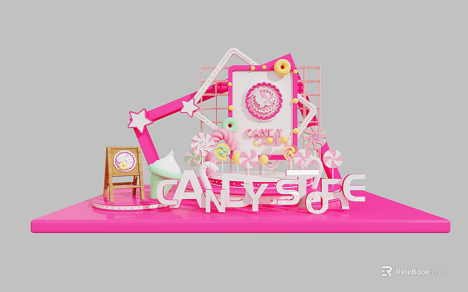 Vibrant Candy Store Setup With Pink Decor Sweet Treats And Star Ornaments 3d model 