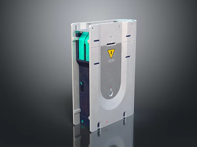 Industrial Building Component Gray Metal Enclosure With Green Indicator And Warning Sign 3d model