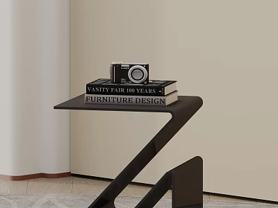 Modern Black Side Table with Sleek Curved Frame Holding Camera and Furniture Design Books 3d model