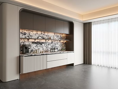 Modern Sideboard Design With Gray And White Cabinets Marble Backsplash Countertop In Kitchen Dining Area 3d model