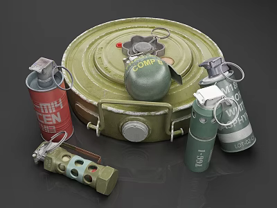 Military Explosive Devices Including Stick Grenades Round Mine And Metal Casings 3d model