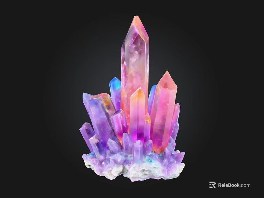 Colorful Stone and Wood Crystal Cluster with Purple Pink Blue Crystals 3d model 