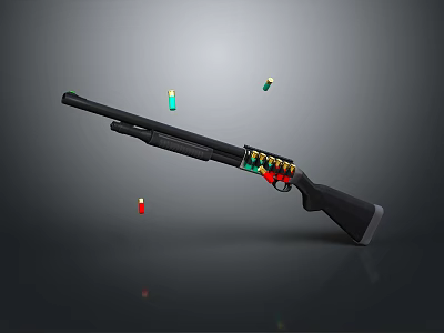 Black Shotgun with Detailed Design on Dark Background and Colorful Scattered Bullets 3d model