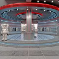 Modern Clothing Store Interior With Circular Display Area Red Strip Lights And White Robot Sculpture