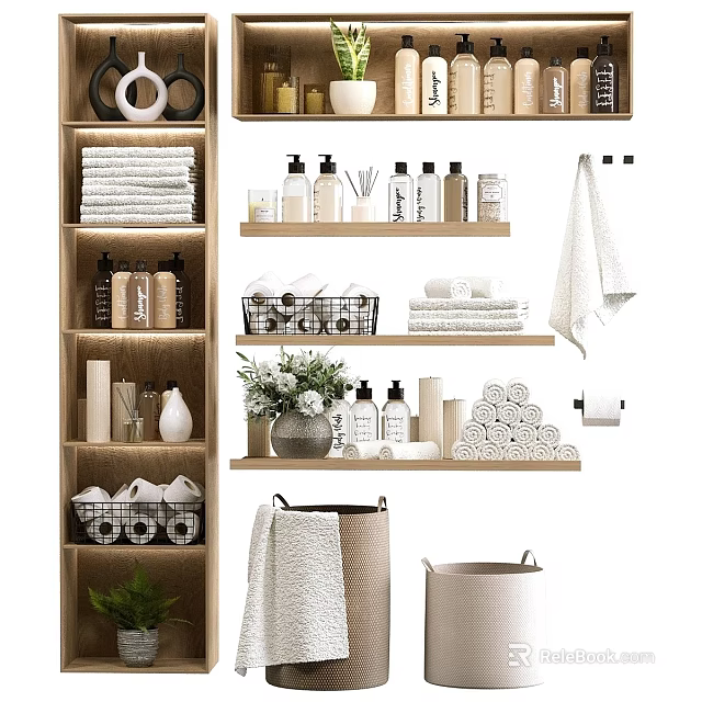 Laundry Essentials On Shelves With Towels Soap Bottles Storage Baskets Toilet Paper And Green Plants 3d model 