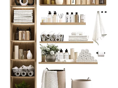 Laundry Essentials On Shelves With Towels Soap Bottles Storage Baskets Toilet Paper And Green Plants 3d model