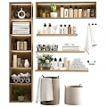 Laundry Essentials On Shelves With Towels Soap Bottles Storage Baskets Toilet Paper And Green Plants