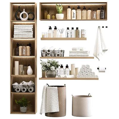 Laundry Essentials On Shelves With Towels Soap Bottles Storage Baskets Toilet Paper And Green Plants 3d model