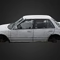Old White Car with Dusty Body Worn Out Tires and Damaged Windows Left Long Unused