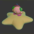 Cute Pink Cartoon Character Wearing Blue Headphones Sitting On Yellow Star