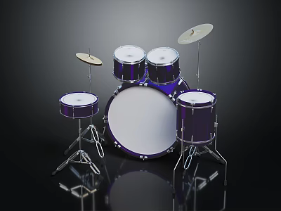 Professional Purple Drum Set With White Drumheads Cymbals And Chrome Stands 3d model