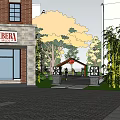 Modern Commercial Street With Buildings Greenery Shop Fronts And Pedestrian Areas