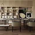Serene Tea Room Interior With Long Wooden Table Bookshelves Tea Sets And Green Plants