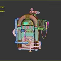 Retro Mechanical Device Featuring Pink Arch Pipes Wooden Panel And Display Screen