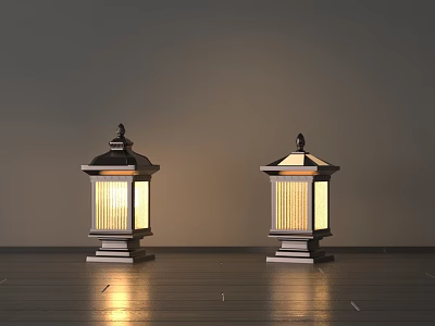 Two Elegant Classic Lanterns With Lit Glass Panels On Dark Floor 3d model
