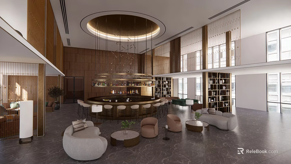 Modern Hotel Lobby Interior With Circular Bar Sofa Area Chandelier And Bookshelves 3d model 