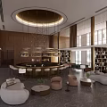 Modern Hotel Lobby Interior With Circular Bar Sofa Area Chandelier And Bookshelves