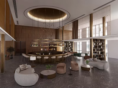 Modern Hotel Lobby Interior With Circular Bar Sofa Area Chandelier And Bookshelves 3d model