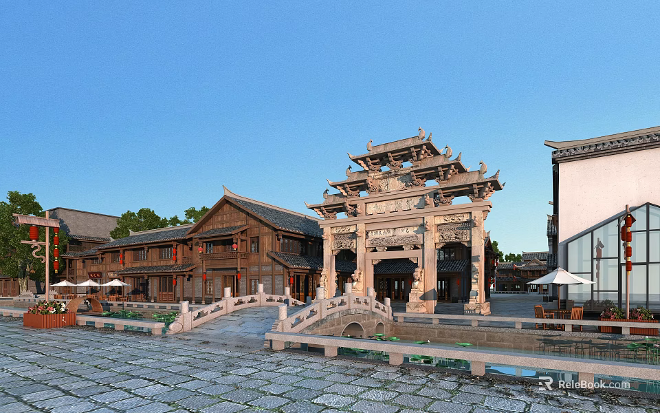 Ancient Architecture Area Featuring Traditional Wooden Buildings Stone Archway Small Bridge and Stone Pavement Square 3d model 