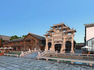 Ancient Architecture Area Featuring Traditional Wooden Buildings Stone Archway Small Bridge and Stone Pavement Square 3d model
