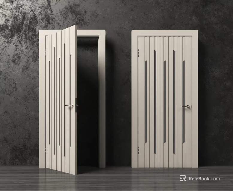 Light Colored Swing Door With Vertical Slats One Open One Closed Dark Wall Wooden Floor 3d model 