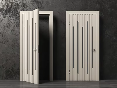 Light Colored Swing Door With Vertical Slats One Open One Closed Dark Wall Wooden Floor 3d model