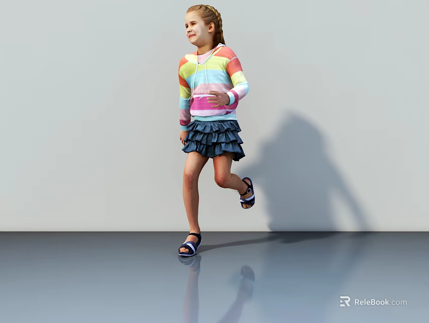 Young Girl Running In Rainbow Sweater And Dark Ruffled Skirt On Shiny Floor With Shadow 3d model 