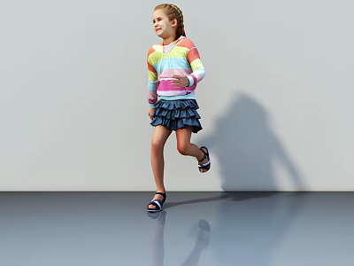 Young Girl Running In Rainbow Sweater And Dark Ruffled Skirt On Shiny Floor With Shadow 3d model