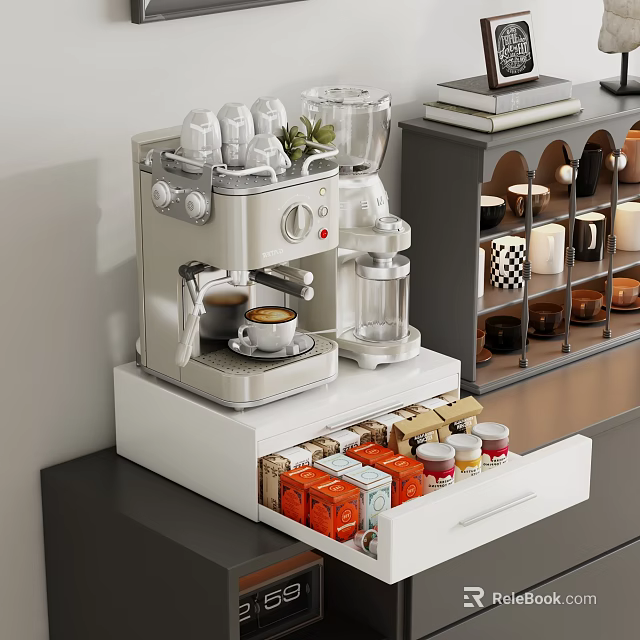 Stylish Coffee Station Shelving Unit With Espresso Machine Coffee Pods Cups And Books 3d model 