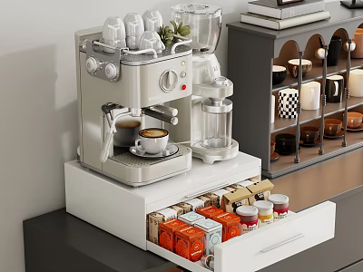Stylish Coffee Station Shelving Unit With Espresso Machine Coffee Pods Cups And Books 3d model