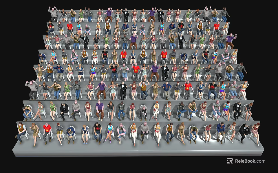 Crowd of Diverse People Figurines in Staircase Tiered Display Setup with Various Poses and Outfits 3d model 