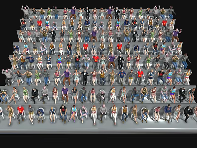 Crowd of Diverse People Figurines in Staircase Tiered Display Setup with Various Poses and Outfits 3d model