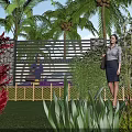 Lush Garden Landscape Design With Green Lawn Palm Trees Red Shrubs And Wooden Lattice