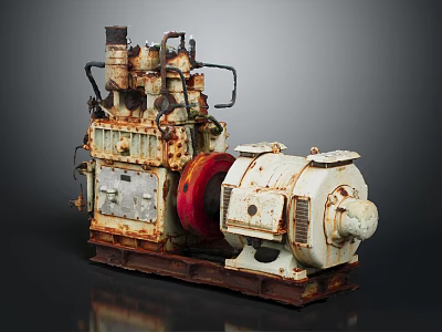 Rusty Old Industrial Machine With Mechanical Structure Red Wheel And Metal Pipes 3d model