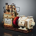 Rusty Old Industrial Machine With Mechanical Structure Red Wheel And Metal Pipes