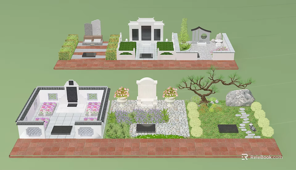 Serene Cemetery Garden Design With Various Tombstones Greenery Floral Arrangements And Stone Paths 3d model 