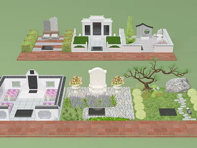 Serene Cemetery Garden Design With Various Tombstones Greenery Floral Arrangements And Stone Paths 3d model